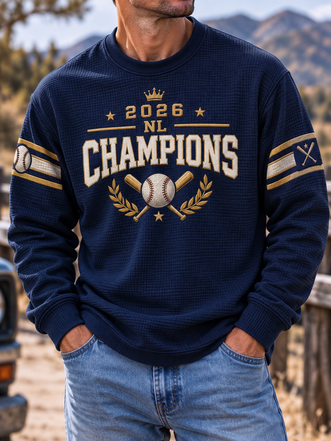 Men's Baseball Print Waffle Long Sleeve T-Shirt