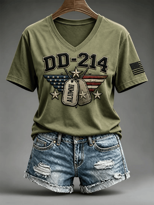 Women's Veterans Day DD-214 Alumni US Flag Print Casual V-Neck Tee